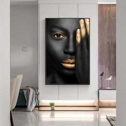 -Gold Sexy Lippe Schwarz Hautfrau Porträt Leinwand Malerei Poster und Drucke Cuadros Wandkunst Bild für Wohnzimmer Dekor