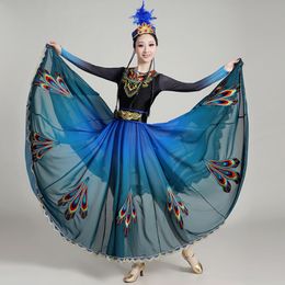 Chinese stage wear festival Costume Traditional Xinjiang Dance performance Dress Blue Red peacock pattern ethnic Clothing For Women