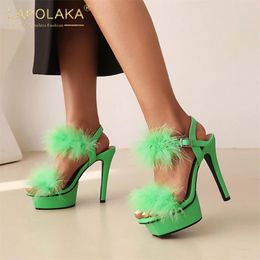 Sandals Summer Lapolaka Woman High Super Heels Thin Platform Shoes Feather Decro Sexy Party Club Cosplay Dress Women 428 398 c