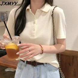 Fashion Product Retro Polo Collar Knit Slim Fit Short Sleeve T-Shirt Women's Solid Colour Short Top JXMYY 210412