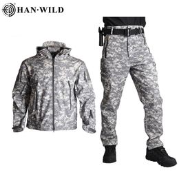 Jaktuppsättningar mjuk skal taktisk jacka vattentäta män vindbrytare militär uniform airsoft outfit camo armé kläder 220826