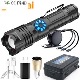 New Stepless Dimming XHP100 LED Flashlight Type-C USB Rechargeable Power Bank 18650 26650 Battery Flashlight Aluminium Zoom Lantern