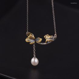 Chains Sterling Silver Frog Lotus Flower Shape Women Necklace Chain Vintage Pearl Pendant Necklaces Jewelry On The Neck XL011Chains