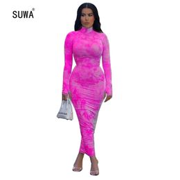 Colourful Tie Dye Print Bodycon Anklelength Dress Classic Street Sexy Women Stand Collar Full Sleeve Robe 4 Colour Gowns T200618