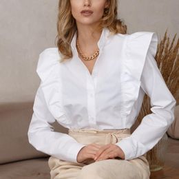 Women's Blouses & Shirts Malina Summer Office Lady Stand Collar Women Fashion White Ruffle Elegant Long Sleeve Tops Female LadiesWomen's