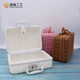 Cosmetics finishing rattan props suitcase with hand gift box solid PP woven storage 220518