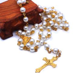 Golden Pearl Rosary Beads Necklace Jewellery Cross Catholic Religious Supplies