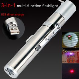 3in1 USB Rechargeable LED Flashlight / Powerful /Laser Mini Torch Waterproof Light Uv Pointer Design Penlight Banknote Xsbxp