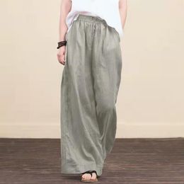 Women Spring Summer Solid Cotton Linen Wide Leg Pants Casual High Waist Palazzo Loose Pocket Trouser Long Pantalon Plus Size 5XL