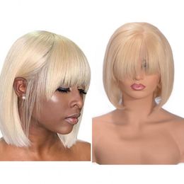 613 Blonde Short Straight Bob Wig With Bangs for Black Women Brazilian Remy Human Hair Wigs Pre Plucked