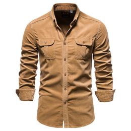 Men's Casual Shirts Fashion Men Corduroy Solid Vintage Button Up Shirt Long Sleeve Lapel Double Flap Pockets Cotton Cardigan TopsMen's