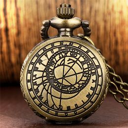 Retro Bronze Watches Compass Prague Astronomical Design Arabic Number Necklace Quartz Pocket Watch for Men Women Gift