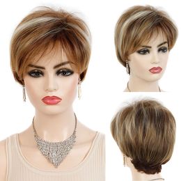 Short Straight Hair Synthetic Wig Brown Blonde Wig Pixie Cut Wigs for Women Natural Wig With Bangs Heat Resistan Fiber