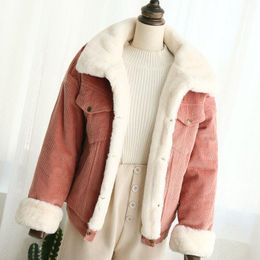 Winter Fur Jeans Women Bomber Soft Corduroy Denim Female Coat Warm Lining &4 Pockets Jacket 201029