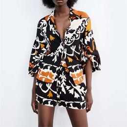 Spring Women Geometry Print Puff Long Sleeve Shirt With Elastic Waist Shorts And Straight Trousers Pants Ensembles Femme 220423
