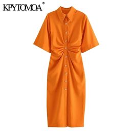 KPYTOMOA Women Chic Fashion Button up Draped Midi Shirt Dress Vintage Short Sleeve Side Zipper Female Dresses Vestidos 210322