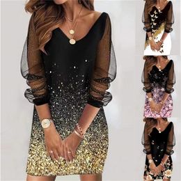 Elegant Retro Print Sequined Mesh Party Dress Women s Spring and Summer Clothing V Neck Sexy Casual Vestidos Long Sleeve Dresses 220521