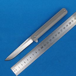 1Pcs R6251 Flipper Folding Knife D2 Satin Drop Point Blade Grey TC4 Titanium Alloy Handle Ball Bearin Fast Open Pocket Folder Knives Outdoor EDC Gear