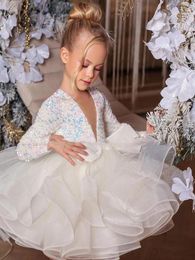 Girl's Dresses Cute Flower Girl Dress Long Sleeves V-Neck Sequined Top Puffy Party Birthday Princess First Communion Roupas De FloristGirl's