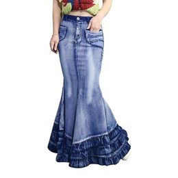 Vintage Big Fish Tail Denim Women Skirt No Stretchy Floor Length Maxi Long Skirt Mermaid Trumpet Empire High Waist Jeans J9D792 T200712