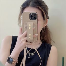 Necklace Lychee Pattern Wristband Phone Case for iPhone 13 12 11 Pro Max 7 8 SE2 SE3 Adjustable Lanyard Rope Dual Card Slots Wallet Clutch Kickstand Protective Shell