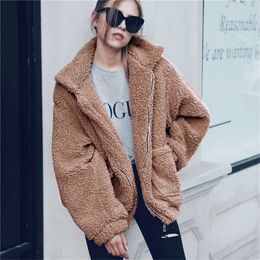 Elegant Faux Fur Coat Women Autumn Winter Thick Warm Soft Fleece Jacket Female Pocket Zipper Overcoat Bear Teddy 3XL 211215