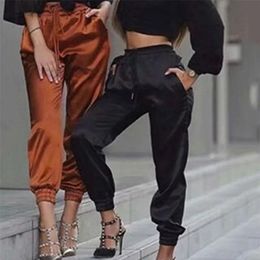 High Waist Satin Pants Women Bsolid Color Black Joggers Trousers Casual Cargo Sweatpants Korean Red Fall 220725