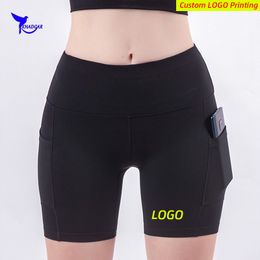 Stretch High Waist Women Running Shorts with Pocket Quick Dry Compression Yoga Tights Gym Fitness Short Pants Leggings Custom 220608