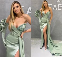Mermaid Sage Sexy Prom Dresses Arabic Aso Ebi Satin Ruched Sequins Beaded Women Party Evening Gowns Swp Train High Side Split Peplum Formal Dress Robe De 0505