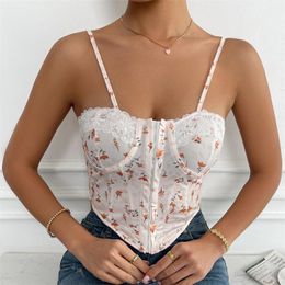 tie front floral crop top UK - Women's Tanks & Camis Summer Lace Trim Camisole Ladies Front Buckle Tie-up Backless Sleeveless Sling Crop Tops Sexy Retro Floral Printed Low