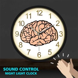 Brain Metal Frame LED Wall Clock Sound Control Organology Medical Wall Art Anatomy Laboratory Decor Wall Watch Neurologist Gift