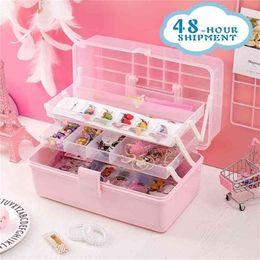 W G Pink Transparent Plastic Multilayer Children Hair Accessories Box Desktop Cosmetics Jewellery Manicure Three layer Storage Box 210330