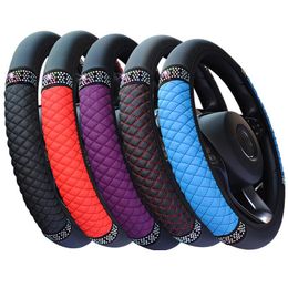 Steering Wheel Covers Four Seasons Universal 37/38cm Leather Embroidered Color Diamond-Studded Elastic Cover Grip Car Accessories