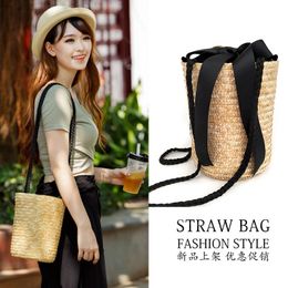 Evening Bags Bucket Cylindrical Straw Bow Wheat-straw Woven Women Crossbody Shoulder Tote Bag String Beach Girl BagEvening