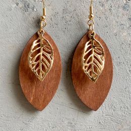 Dangle & Chandelier Layered Marquise Wood And Metal Leaf Earrings For Women Fiance Gift Boutique Jewellery