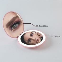 Mini Pocket LED Makeup Mirror Portable Compact 10X Magnifying Brightness with Light Round Hand 220509