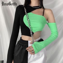 InsGoth Punk Sexy Black Green Patchwork Top Gothic Bodycon Hollow Out Long Sleeve T shirt Streetwear Chic Backless Cropped Top 220407