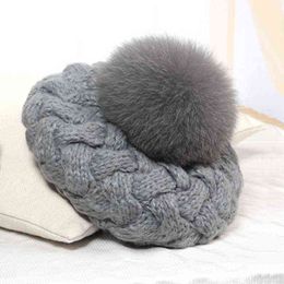 Handmade Wool Hat Women Pure Colour Japanese Knitted Beret Fashion Fox Fur Ball Hat AllMatch Wholesale J220722