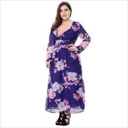 Plus Size Dresses Fashion Floral Print Chiffon High Waist Maxi Dress Women Long Sleeve A-line Double Layer Casual Boho Outfit PromPlus