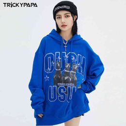 Tkpa American West Coast Doberman Print Hoodie Klein Blue Street Hip Hop Loose Couple