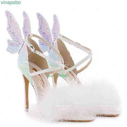 Vinapobo Новые женские сандалии декор бабочек розовый мех Bling High Heels Summer Shoes для женщин Fashion Stilettos zapatos mujer220513