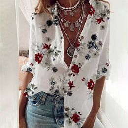 Women Fashion Shirt Lady Long Sleeve Blouse Plus Size 3XL/4XL Summer Tops Button Design Floral Print Casual Shirts 210716