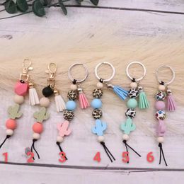 Cross-border beaded food grade silicone cactus keychain Korean velvet tassel pendant key ring wholesale multi-color optional