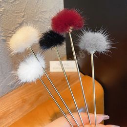 Fashion Candy Color Pompom Hair Sticks Chinese Style Plush Ball Hairpins for Women Girls Hair Fork Clip Jewelry Hair Accessories