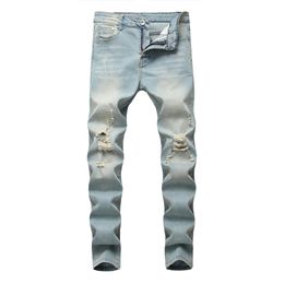 Mens Jeans Blue Black White Sweatpants Sexy Hole Pants Male Ripped Skinny Trousers Slim Biker Outwears
