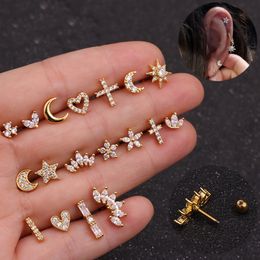 Set of 18 Pcs 16G Zircon Ear Cartilage Earrings Titanium Steel Body Piercing Jewerly For Women and Girls