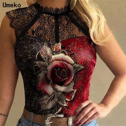 Women Sexy Lace T-shirt Womens Sleeveless Crew Neck Ruffle Collar See-through Tops Spring Fashion Rose Flower Office Shirts