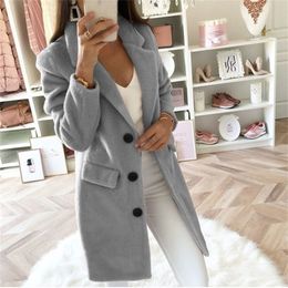 solid color style suit autumn and winter mid length double breasted cloth woolen coat jacket women LJ201109