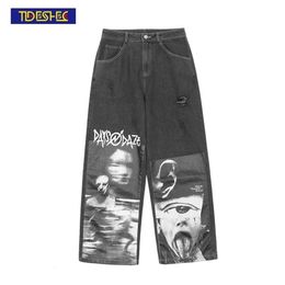 Streetwear Abstract Funny Jeans Patchwork Printed Hip Hop Wide Leg Pants Men High Street 220328