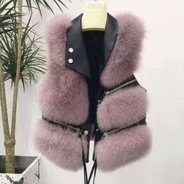Faux Fur Vest Waistcoat Leather Jacket Women 2021 Autumn Winter Fluffy Coat Jacket Biker Slim Fashion Fourrure Femme Trend T220716